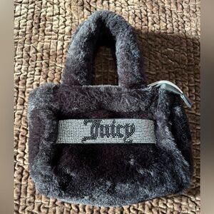 Juicy Couture Black Furry Mini Bag with Rhinestone Accents